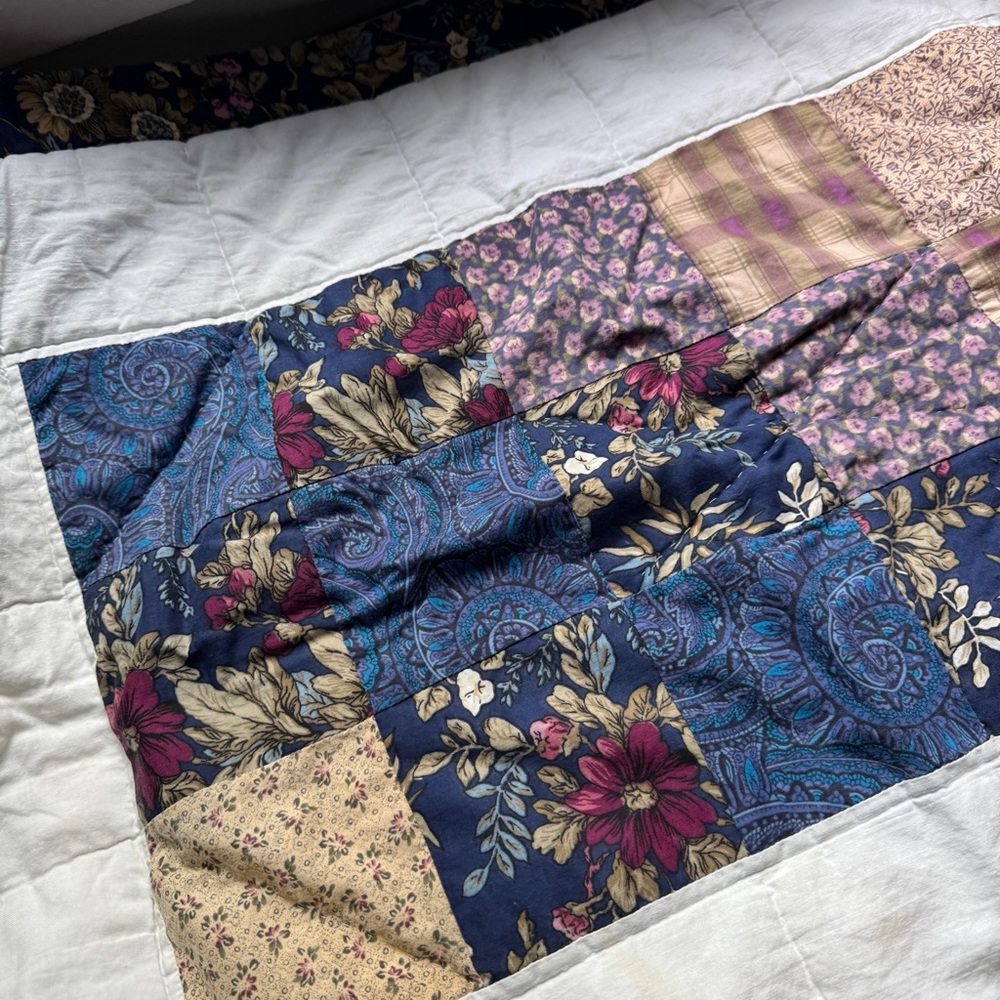 Patchwork Quilted Pillow Sham Country Cottage Floral Blue Beige pillowcase large - Picture 2 of 15